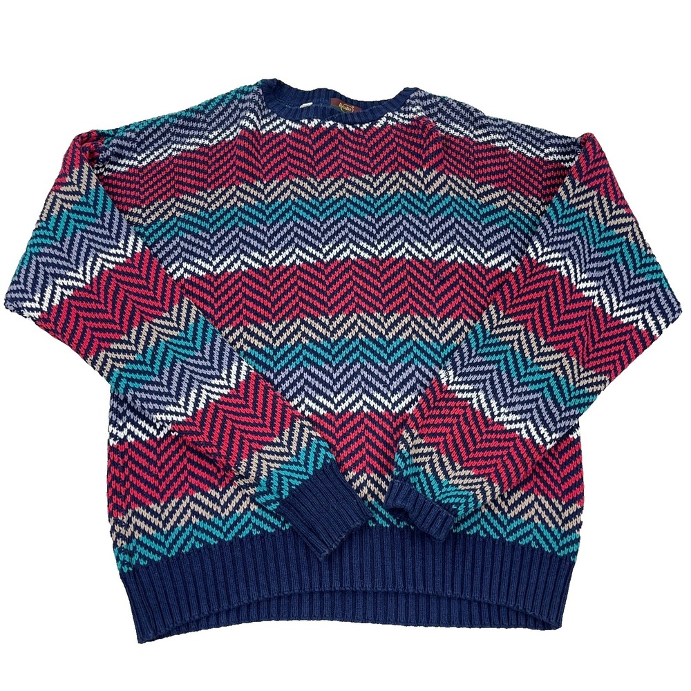 Vintage Grandpa Sweater Men XL‎ Blue Red Striped Herringbone Heavy Knit 90s Y2K